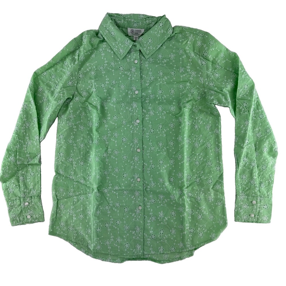 Candace Cameron Bure Button Front Eyelet Embroidered Shirt Size XXS Green